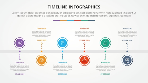 Línea de tiempo hito concepto infográfico con gran círculo dirección horizontal arriba y abajo línea de flecha para presentación de diapositivas con lista de 6 puntos