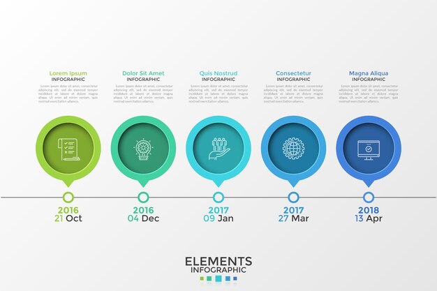 Línea de tiempo horizontal con 5 elementos de puntero o marcador redondos, símbolos de líneas finas, letras y lugar para el texto. Plantilla de diseño de infografía simple. Ilustración de vector de presentación, folleto.