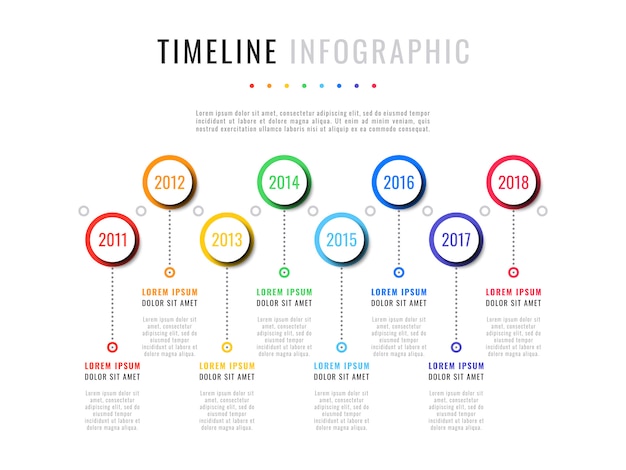 Línea de tiempo horizontal infografía con elementos redondos, indicadores de año y cuadros de texto sobre un fondo blanco. Diseño realista de corte de papel 3d.