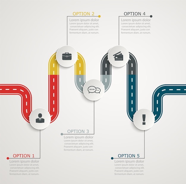 Línea de tiempo infográfica de carreteras colorida con iconos de estructura horizontal por pasos
