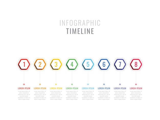 Línea de tiempo infográfica de ocho pasos con plantilla de proceso de negocio de elementos hexagonales con opciones
