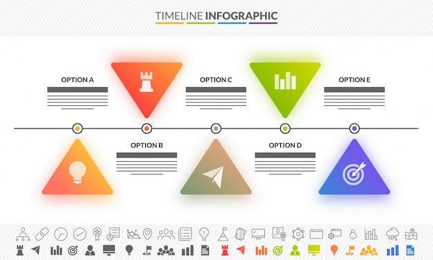 Línea de tiempo de mapa de ruta de color colorido infografía disposición con 5 pasos y dos variaciones de iconos.