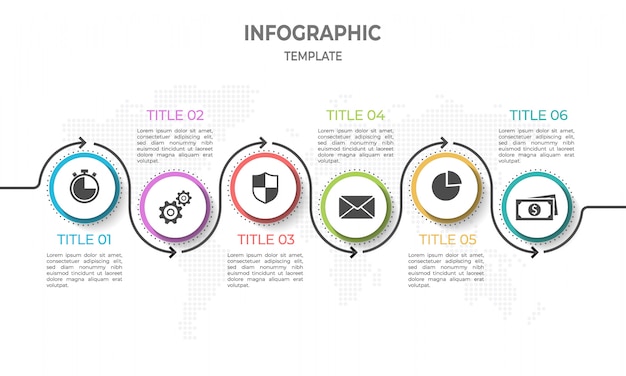 Línea de tiempo moderna infografía con círculo 6 opciones.