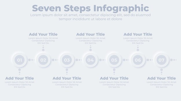 Línea de tiempo de negocios neumórficos con plantilla de presentación infográfica de 7 pasos u opciones