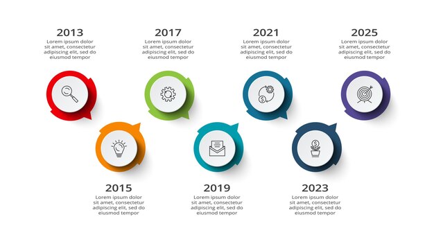 Línea de tiempo con plantilla infográfica de 7 elementos para presentaciones de negocios web ilustración vectorial