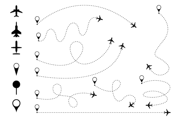 Línea de tiempo Ruta del avión Línea punteada con alfileres rojos del mapa Tabla de ruta del viaje del avión con seis pasos