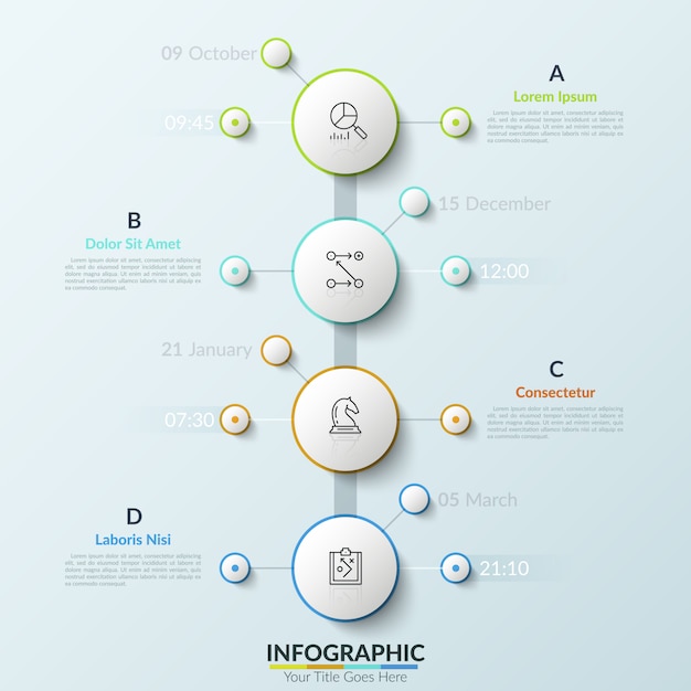 Línea de tiempo vertical con cuatro elementos redondos blancos, indicación de fecha y hora, iconos de líneas finas y cuadros de texto. Concepto de diagrama de árbol para una planificación efectiva.