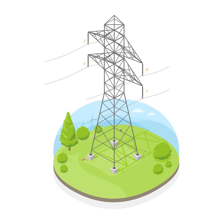 Vector línea de torre de transmisión de energía eléctrica alta isométrica de alto voltaje en dibujos animados de la naturaleza