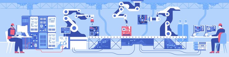 Vector línea transportadora para la producción automatizada de microchips con tecnologías robóticas