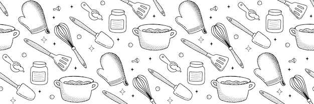 Línea de utensilios de cocina Patrón Iconos y elementos de alimentos Proceso de panadería Libro de cocina menú para el hogar