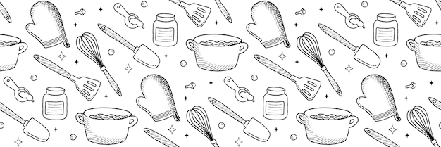 Vector línea de utensilios de cocina patrón iconos y elementos de alimentos proceso de panadería libro de cocina menú para el hogar