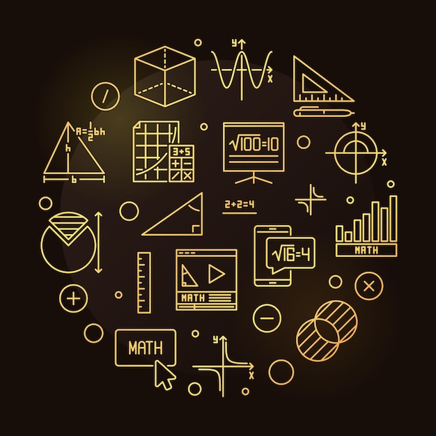 Línea de vector de aprendizaje de matemáticas banner dorado redondo Ilustración en forma de círculo de concepto de matemáticas