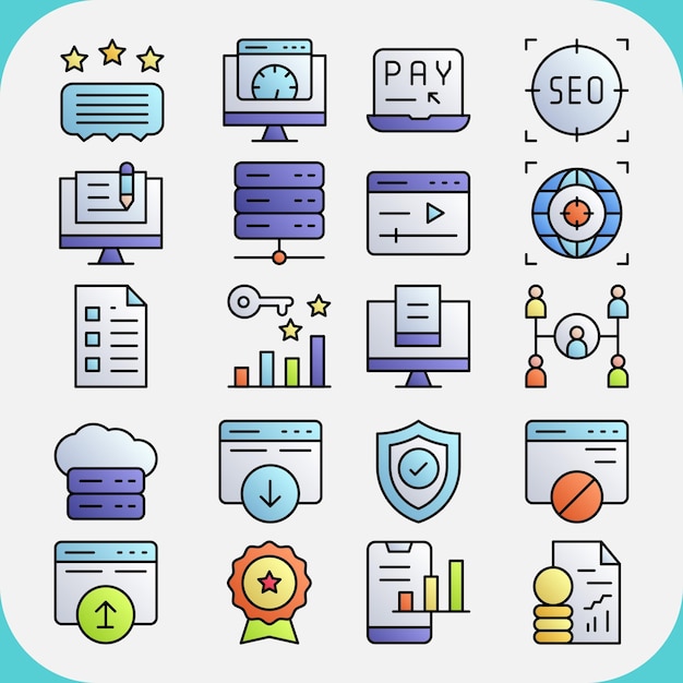 La línea vectorial de color SEO y el paquete de iconos sem se pueden usar para SEO