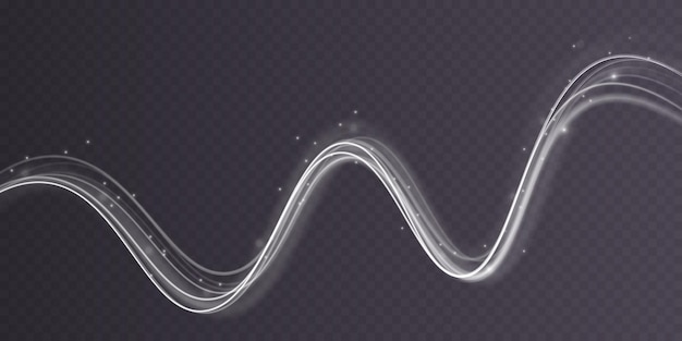 Vector línea de velocidad blanca brillante ondulada rastro de luz mágica de cola de cometa brillante giro de onda de forma de neón luminoso líneas borrosas de neón en movimiento ondas brillantes y colas de bengalas brillantes vector