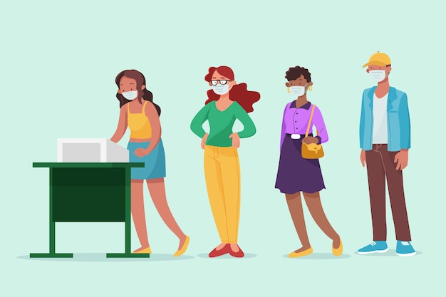 Línea de votación de personas de Brasil con mascarilla