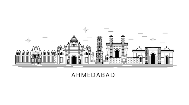 Vector lineal ahmedabad skyline blanco y negro