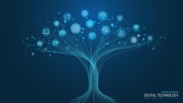 Linear vector illustration abstract AI powered growth tree with digital technology icons Neural network background Big data science cloud server concept Vector for modern business design