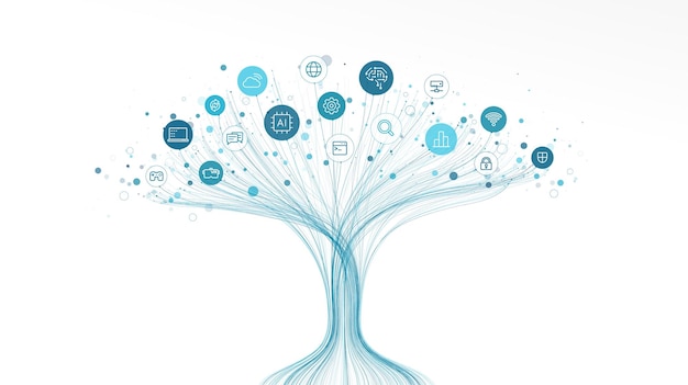 Linear vector illustration AI powered growth tree with digital technology icons Neural network background Big data science cloud server concept Abstract vector modern business infographic design