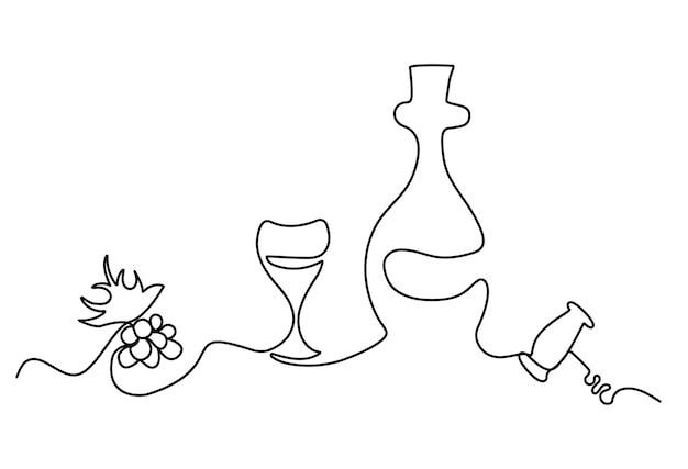 Vector lineart conjunto de botella de vidrio de uva y sacacorchos sommelier line art