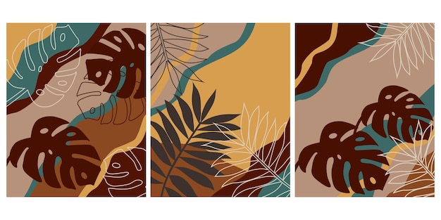 Líneas abstractas suaves flores tropicales y hojas de palma planta monstera Ilustración vectorial de un dibujo lineal con una forma abstracta