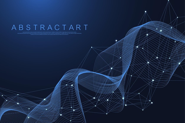 Líneas abstractas de tecnología y fondo de conexión de puntos Conexión de datos digitales y concepto de big data Visualización de datos digitales Flujo de ondas Tecnología de explosión cuántica Ilustración vectorial