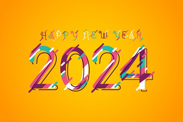 Líneas coloridas en números 2024 Año Nuevo fondo amarillo Concepto de saludo para Año Nuevo 2024