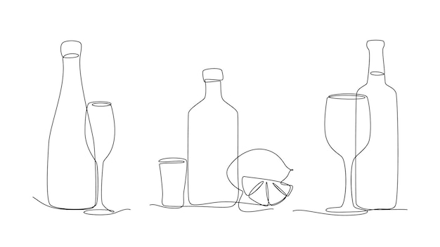 Líneas continuas de vidrio y botellas Una línea de champán vino y tequila con rodaja de limón Vector bebidas alcohólicas aisladas elementos decorativos de botella de vidrio ilustración de línea continua