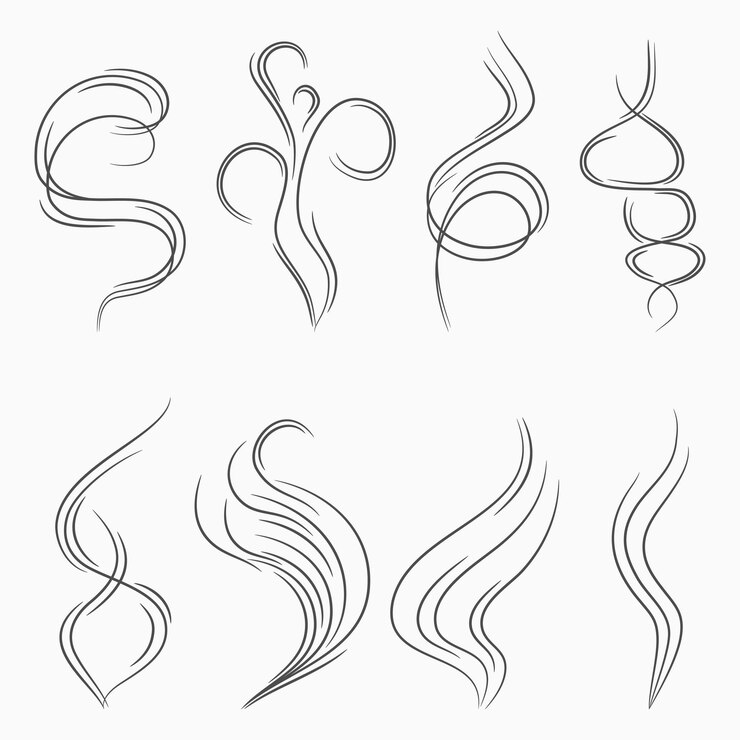 Vector líneas de corriente de humo y vapor signo abstracto de olor y aroma humo de cigarrillo o flujo de vapor
