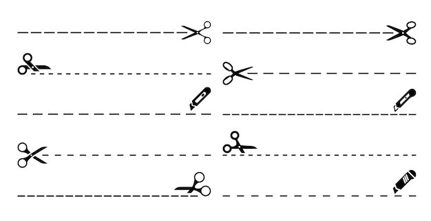 Vector líneas de corte de cupones con tijeras y navajas