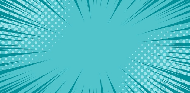 Líneas de cuadros de acción de anime Manga azul con medios tonos. Fondo retro del arte pop con explosión de rayos de estilo cómic relámpago, ilustración vectorial. Plantilla explosiva abstracta con líneas de velocidad