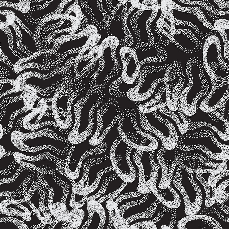 Vector líneas curvas punteadas blanco negro de patrones sin fisuras fondo abstracto extraño. papel pintado repetitivo de textura punteada enlosables dibujados a mano. ilustración de arte extraño