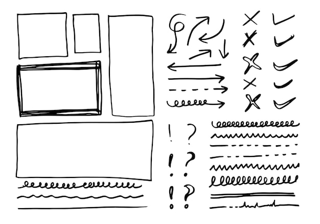 Líneas y curvas vectoriales dibujadas a mano con signos de comprobación y flechas Conjunto de líneas de dibujos simples curvas marcos y puntos Colección de efectos de lápiz Doodle border Si