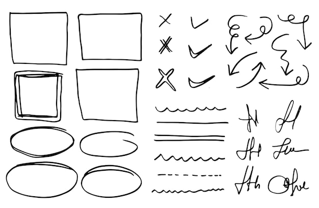 Líneas y curvas vectoriales de garabatos señales de verificación y flechas dibujadas a mano, marcos y puntos