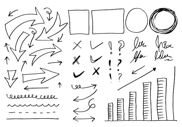 Vector líneas y curvas vectoriales de garabatos signos de flechas y cheques dibujados a mano conjunto de líneas de garabatos simples