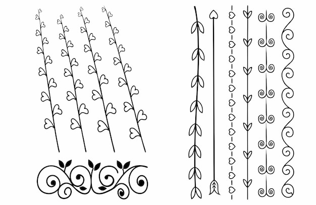 Líneas decorativas verticales caprichosas con ilustraciones artísticas de corazones