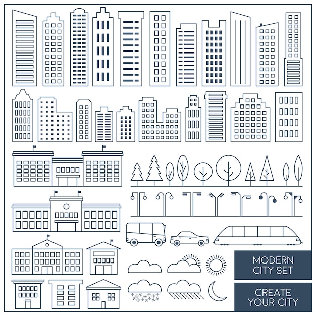 Líneas delgadas conjunto de elementos de ciudad Elementos de paisaje Ilustración vectorial conjunto de línea plana gran ciudad