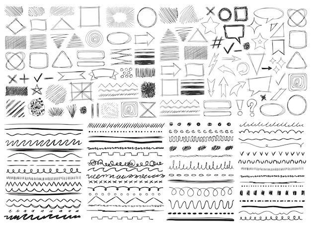 Líneas dibujadas a mano Carbón de lápiz negro subraya formas geométricas Líneas de dibujos con textura de lápices grunge pastel Escrito a mano con tiza garabateos trazos ásperos Pinceles esbozados conjunto vectorial aislado