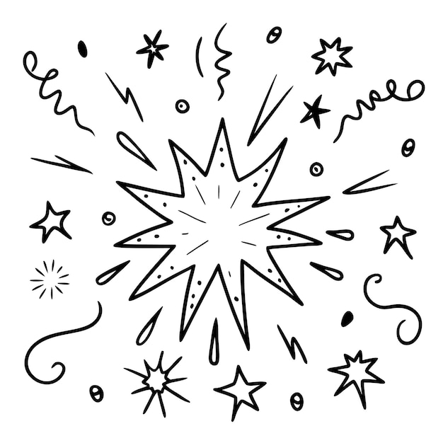 Líneas de Doodle dibujadas a mano, chispas y rayos, líneas de confeti, ilustración vectorial