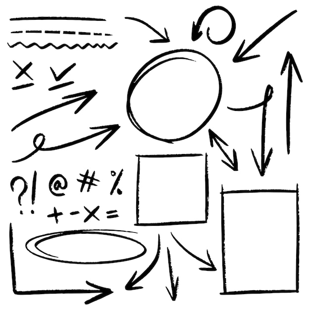 Líneas de doodle flechas círculos y curvas vectoriales elementos de diseño dibujados a mano aislados en fondo blanco para ilustración vectorial infográfica