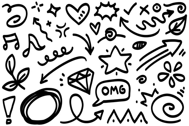 Líneas de doodle flechas círculos y curvas vectoriales elementos de diseño dibujados a mano aislados en fondo blanco para ilustración vectorial infográfica
