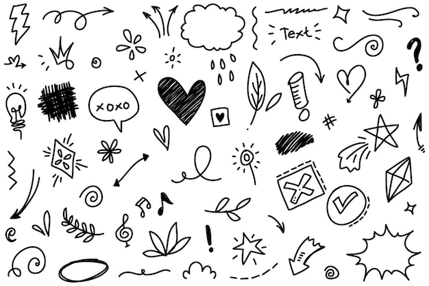 Líneas de doodle flechas círculos y curvas vectoriales elementos de diseño dibujados a mano aislados en fondo blanco para ilustración vectorial infográfica