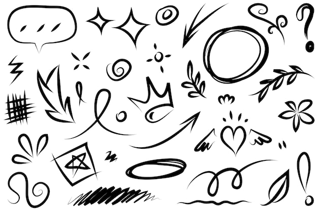Líneas de doodle flechas círculos y curvas vectoriales elementos de diseño dibujados a mano aislados en fondo blanco para ilustración vectorial infográfica