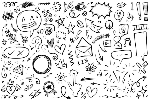 Líneas de doodle flechas círculos y curvas vectoriales elementos de diseño dibujados a mano aislados en fondo blanco para ilustración vectorial infográfica
