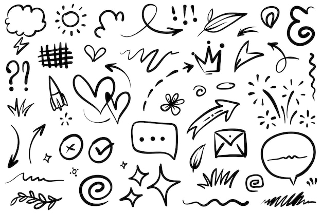 Líneas de doodle flechas círculos y curvas vectoriales elementos de diseño dibujados a mano aislados en fondo blanco para ilustración vectorial infográfica
