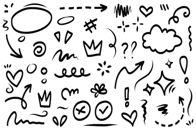 Líneas de doodle flechas círculos y curvas vectoriales elementos de diseño dibujados a mano aislados en fondo blanco para ilustración vectorial infográfica