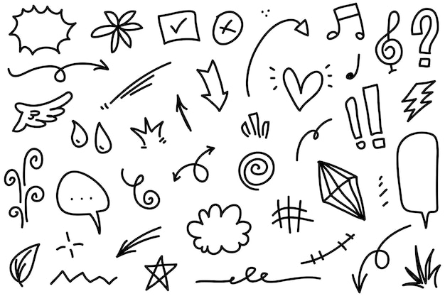 Líneas de doodle flechas círculos y curvas vectoriales elementos de diseño dibujados a mano aislados en fondo blanco para ilustración vectorial infográfica