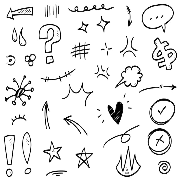 Líneas de doodle flechas círculos y curvas vectoriales elementos de diseño dibujados a mano aislados en fondo blanco para ilustración vectorial infográfica