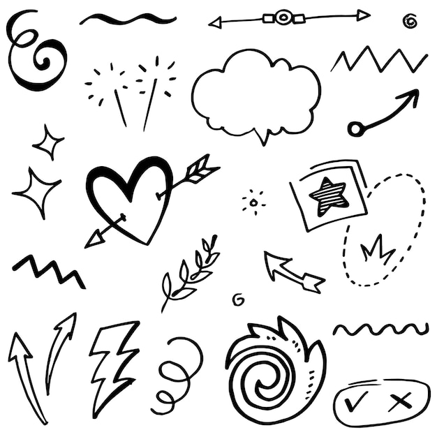 Líneas de doodle flechas círculos y curvas vectoriales elementos de diseño dibujados a mano aislados en fondo blanco para ilustración vectorial infográfica