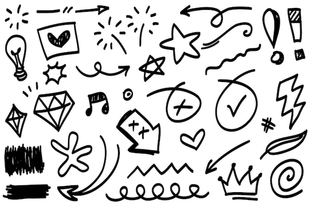 Líneas de doodle flechas círculos y curvas vectoriales elementos de diseño dibujados a mano aislados en fondo blanco para ilustración vectorial infográfica
