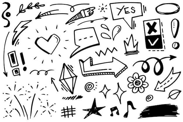 Líneas de doodle flechas círculos y curvas vectoriales elementos de diseño dibujados a mano aislados en fondo blanco para ilustración vectorial infográfica